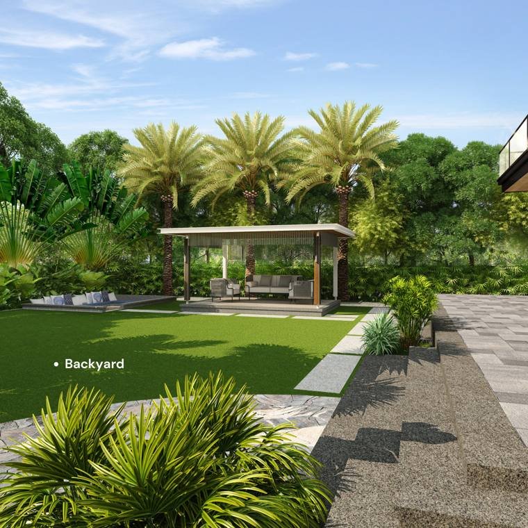 Villa backyard with a lawn and a pergola
