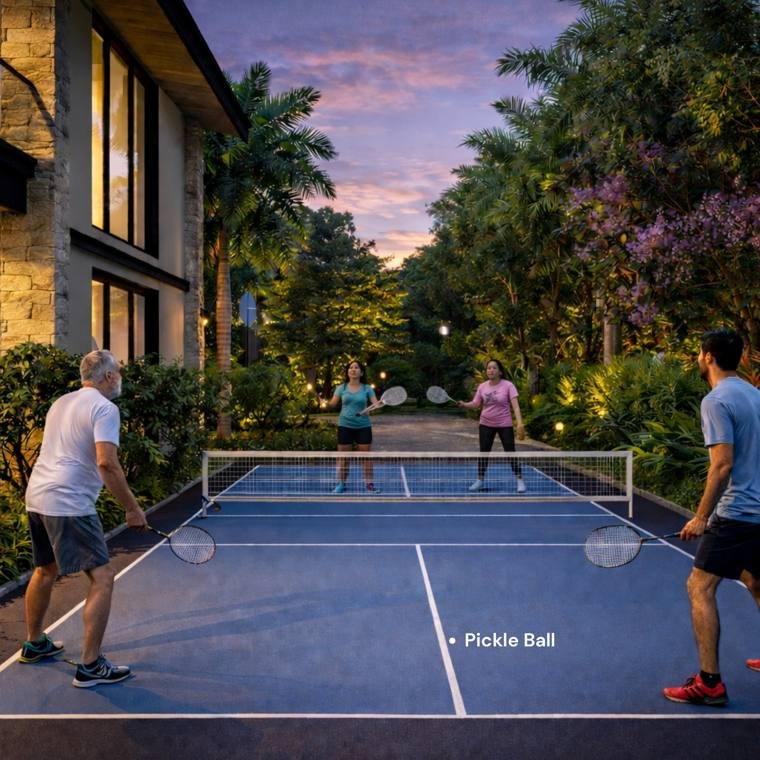 Pickleball court at dusk